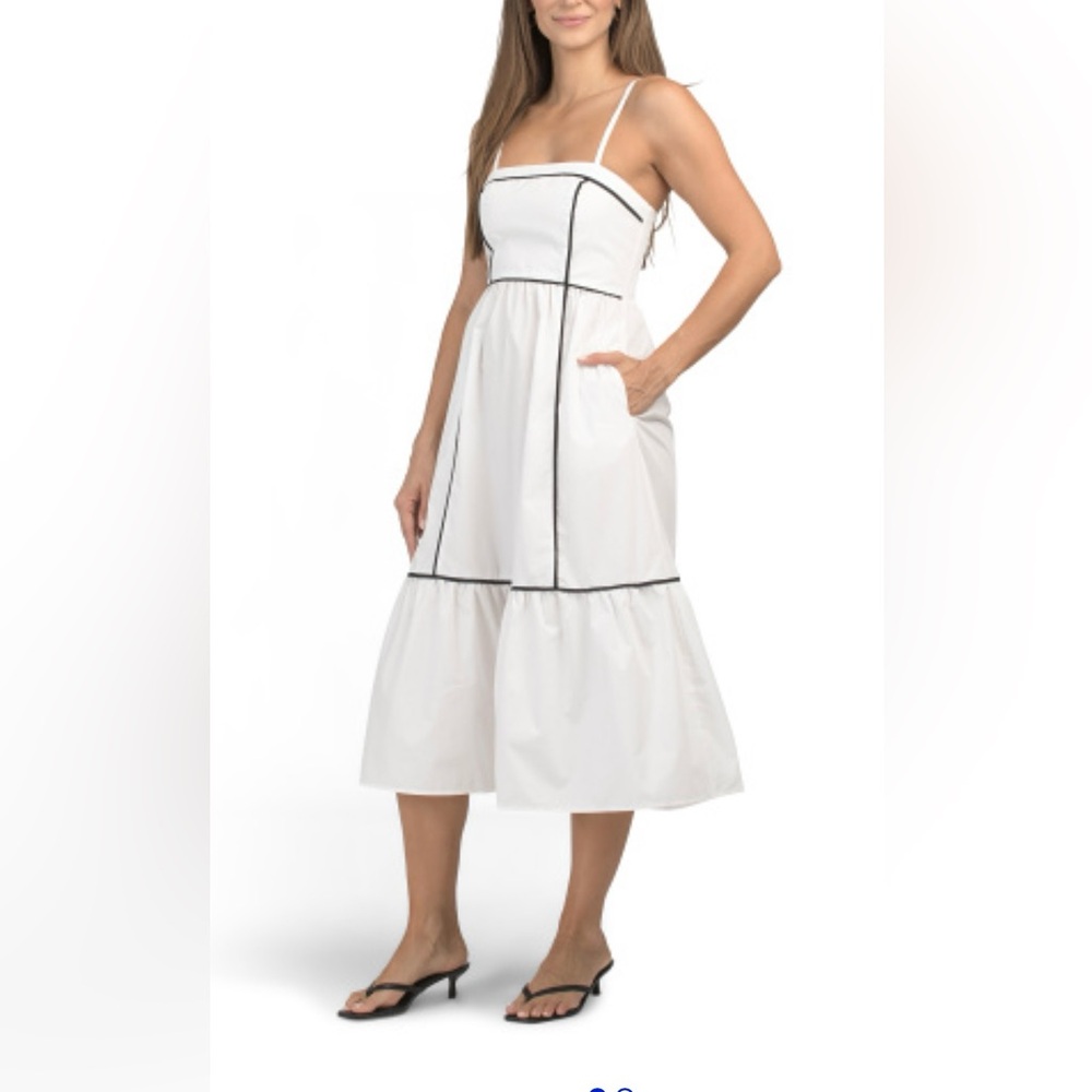 Main Strip White Midi Dress Black Trim Boho Festival